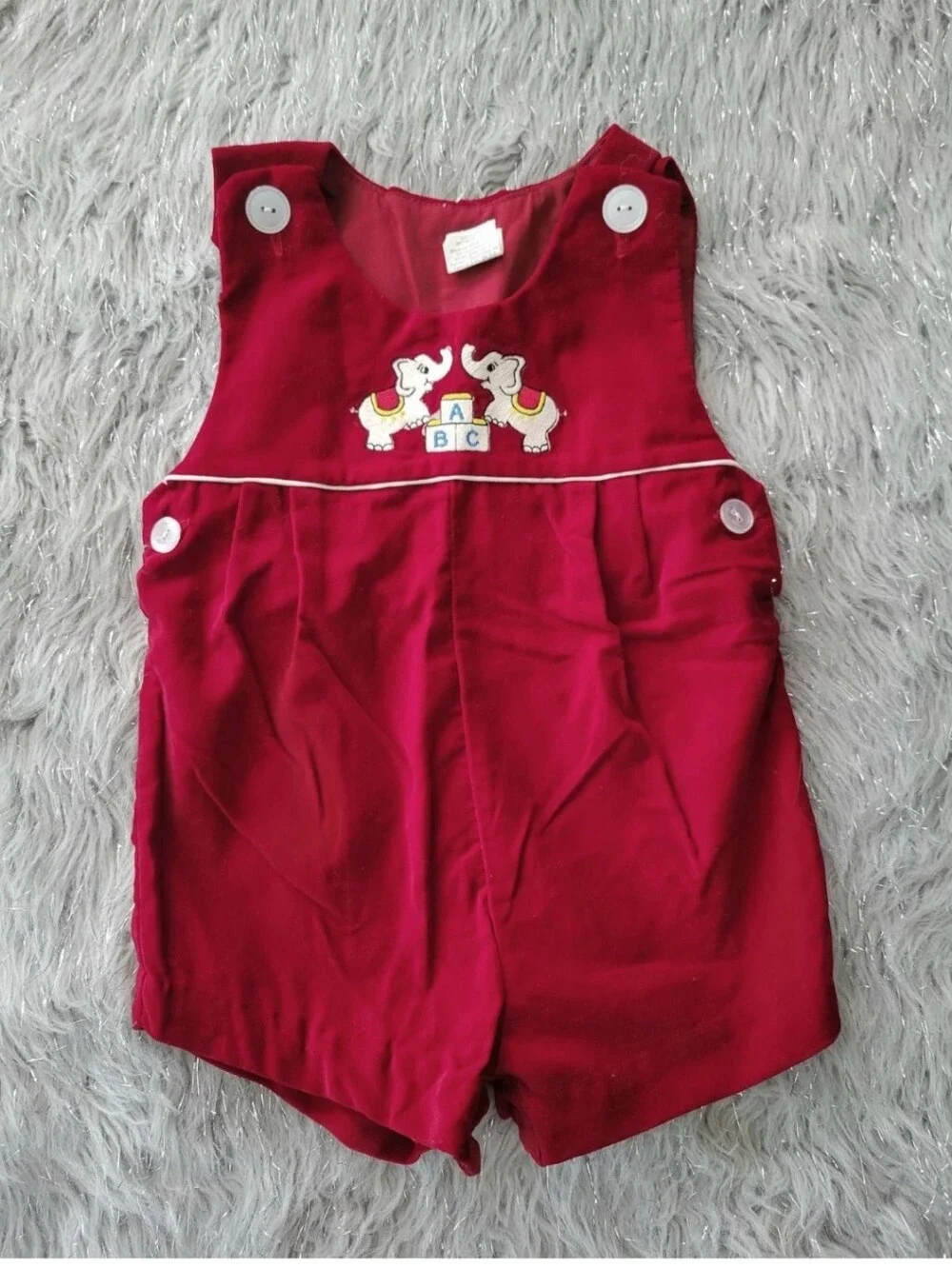 Vintage MCM Baby Velvet One Piece Overalls Red White Embroidered Elephant 18 M